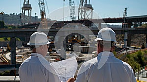 engeneers are discussing bridge construction, one men hold blueprints, wearing uniform and hard hats, in background bridge