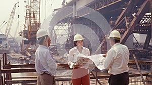engeneers are discussing bridge construction, one men hold blueprints, wearing uniform and hard hats, in background bridge