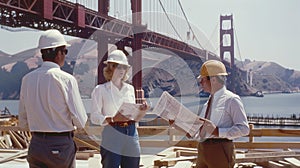 engeneers are discussing bridge construction, one men hold blueprints, wearing uniform and hard hats, in background bridge