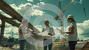 engeneers are discussing bridge construction, one men hold blueprints, wearing uniform and hard hats, in background bridge