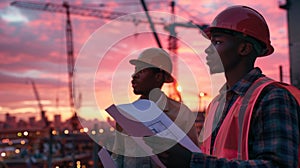 engeneers are discussing bridge construction, one men hold blueprints, wearing uniform and hard hats, in background bridge