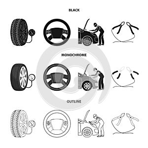 Engine adjustment, steering wheel, clamp and wheel black,monochrome,outline icons in set collection for design.Car