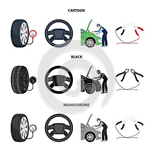 Engine adjustment, steering wheel, clamp and wheel cartoon,black,monochrome icons in set collection for design.Car