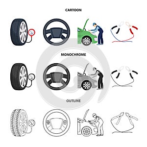 Engine adjustment, steering wheel, clamp and wheel cartoon,outline,monochrome icons in set collection for design.Car