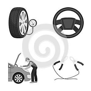 Engine adjustment, steering wheel, clamp and wheel monochrome icons in set collection for design.Car maintenance station