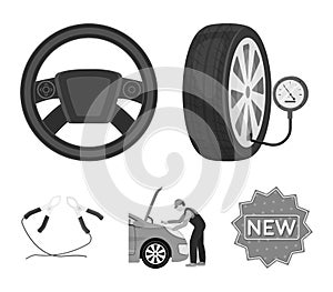 Engine adjustment, steering wheel, clamp and wheel monochrome icons in set collection for design.Car maintenance station