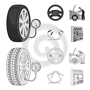 Engine adjustment, steering wheel, clamp and wheel outline,monochrome icons in set collection for design.Car maintenance