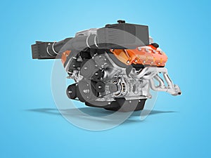 Engine for an air cooled car with generator on the cables 3D render on blue background with shadow