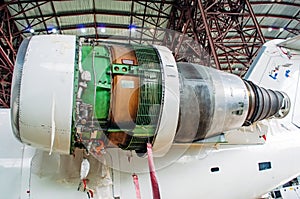 Engine aircraft on the tail during repair.