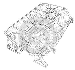 Engine block sketch. Vector rendering of 3d