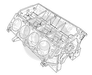 Engine block sketch. Vector rendering of 3d