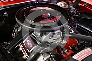 Engine of the Chevrolet Yenko Camaro in the museum, close-up