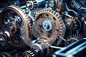 Engine with cogwheels and gears working. Industrial close-up