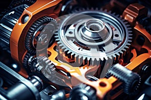 Engine with cogwheels and gears working. Industrial close-up