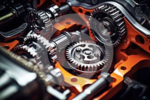 Engine with cogwheels and gears working. Industrial close-up