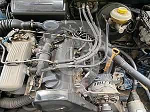 The engine compartment and motor of a high performance car at a summer vintage car show