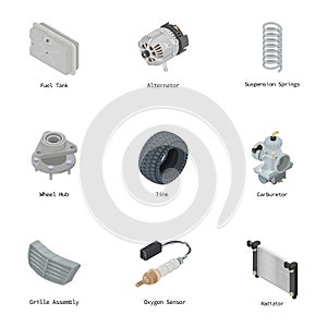 Engine component icons set, isometric style