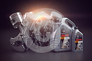 Engine, crankshaft and pistons with motor oil canister. Auto service concept