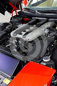 Engine of a Ferrari 456 with an Open Hood