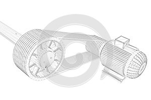 Engine frame with belts. The contour of an electric motor from black lines on a white background. 3D. Vector