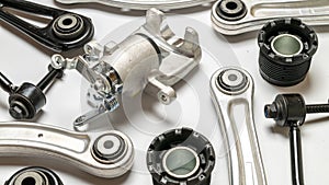 Engine gears. Auto motor mechanic spare or automotive piece on white background. Set of new metal car part. Technology