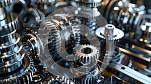 Engine gears and wheels, detailed mechanical assembly showcasing various sizes and types of metal gears interlocking