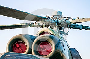 engine with helicopter propeller blades close up