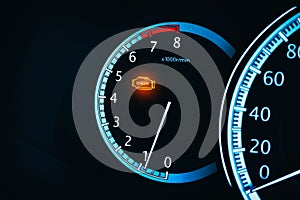 Engine malfunction warning light or Check engine light illuminated on instrument panel in a car