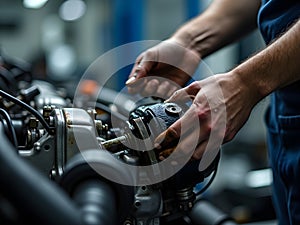 Engine mechanic car hands repairing metal components in professional workshop