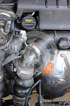 Engine oil dipstick in a car engine