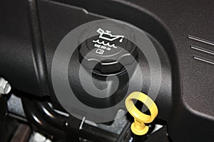 Engine oil dipstick and oil cap.