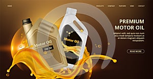 Engine oil landing page. Vector motor oil web page. Realistic plastic canistre, car repair banner