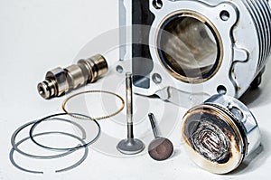 Engine Parts : piston, camshaft and cylinder. photo