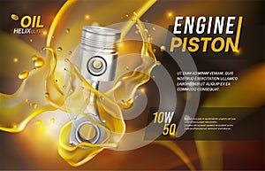 Engine piston. Car motor oil splash. 3D liquid petrol change. Auto mechanic service. Vehicle fuel advertising banner