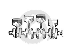 Engine pistons on crankshaft sketch engraving