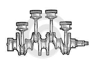 Engine pistons on crankshaft sketch engraving