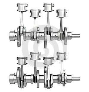 Engine pistons on a crankshaft, two positions