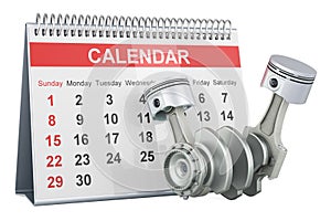 Engine pistons with desk calendar, 3D rendering