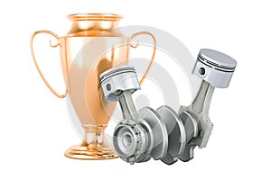 Engine pistons with gold trophy cup award, 3D rendering
