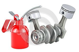 Engine pistons with oil can, 3D rendering