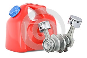 Engine pistons with plastic jerrycan, 3D rendering