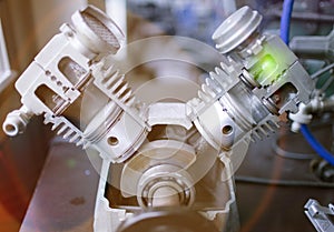 Engine pistons in a section, are visible internal details