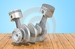 Engine pistons on the wooden planks, 3D rendering