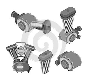 Engine racing set Isometric. Motor motorcycle isolated. Vector i