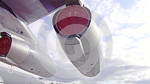 Engine turbine large passenger aircraft close-up on a Sunny day