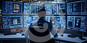 Engineer analyzing data in a cybersecurity control room with multiple monitors for systems.