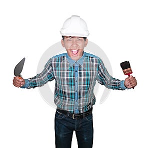 Engineer angry with hand holding Triangle trowel and paint brush wear white safety helmet plastic on white background