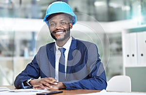 Engineer, architect or construction businessman portrait with helmet, safety gear for office building planning. Trust