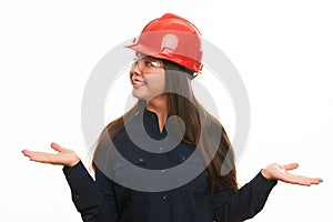 Engineer or architect construction worker woman in protective hard hat