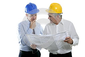 Engineer architect two expertise team plan hardhat photo